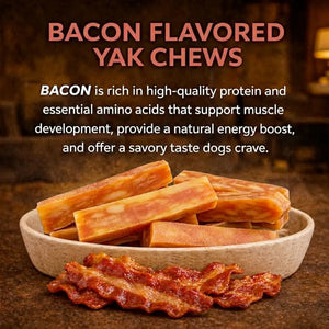 Bacon flavored yak chews in a bowl with text about bacon's benefits.
