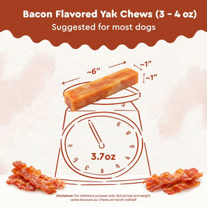 Bacon flavored yak chews with measurement details on a white background