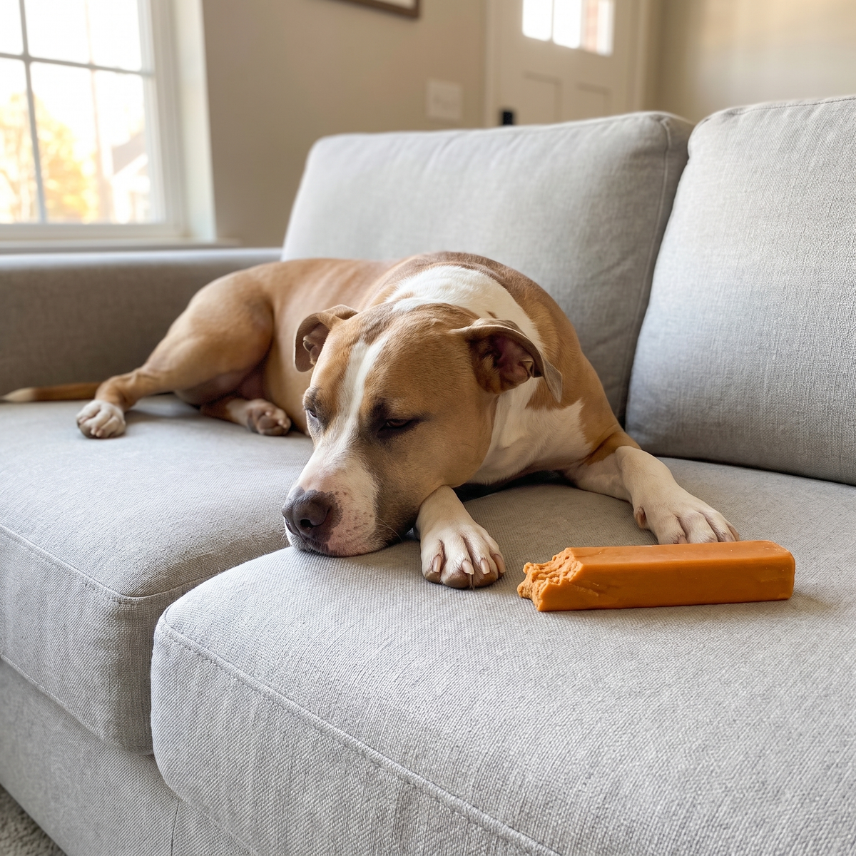 A content dog resting on an undamaged couch in a tidy living room