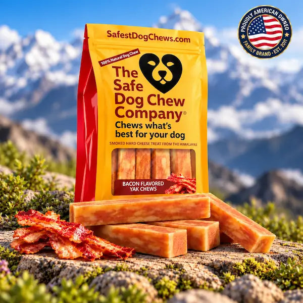 Bacon Himalayan Yak Chew package with mountain backdrop | Safe Dog Co