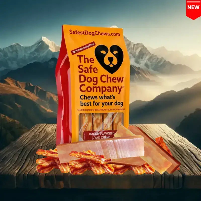 Bacon Himalayan Yak Chew package with mountain backdrop | Safe Dog Co