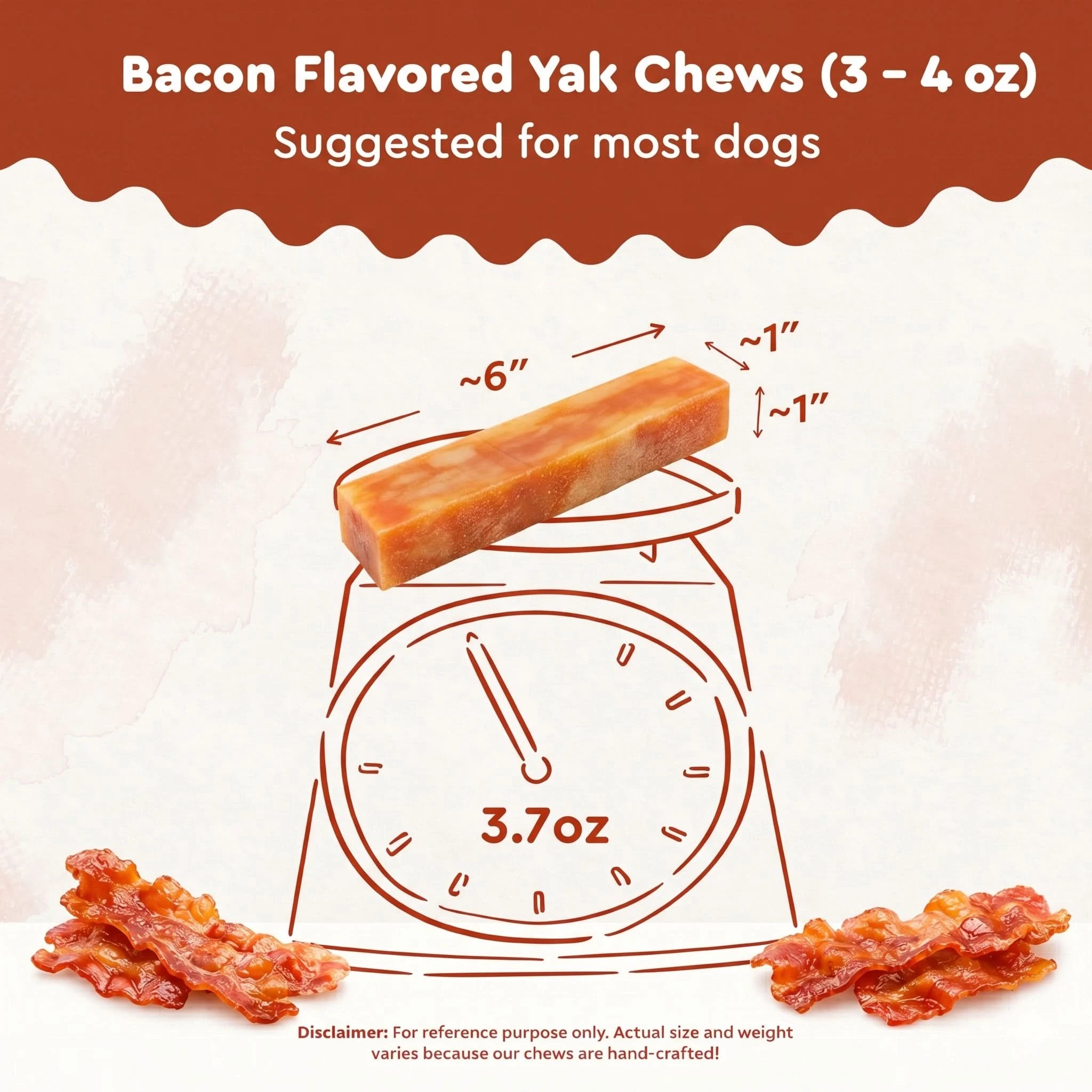 Bacon flavored yak chews with measurement details on a white background