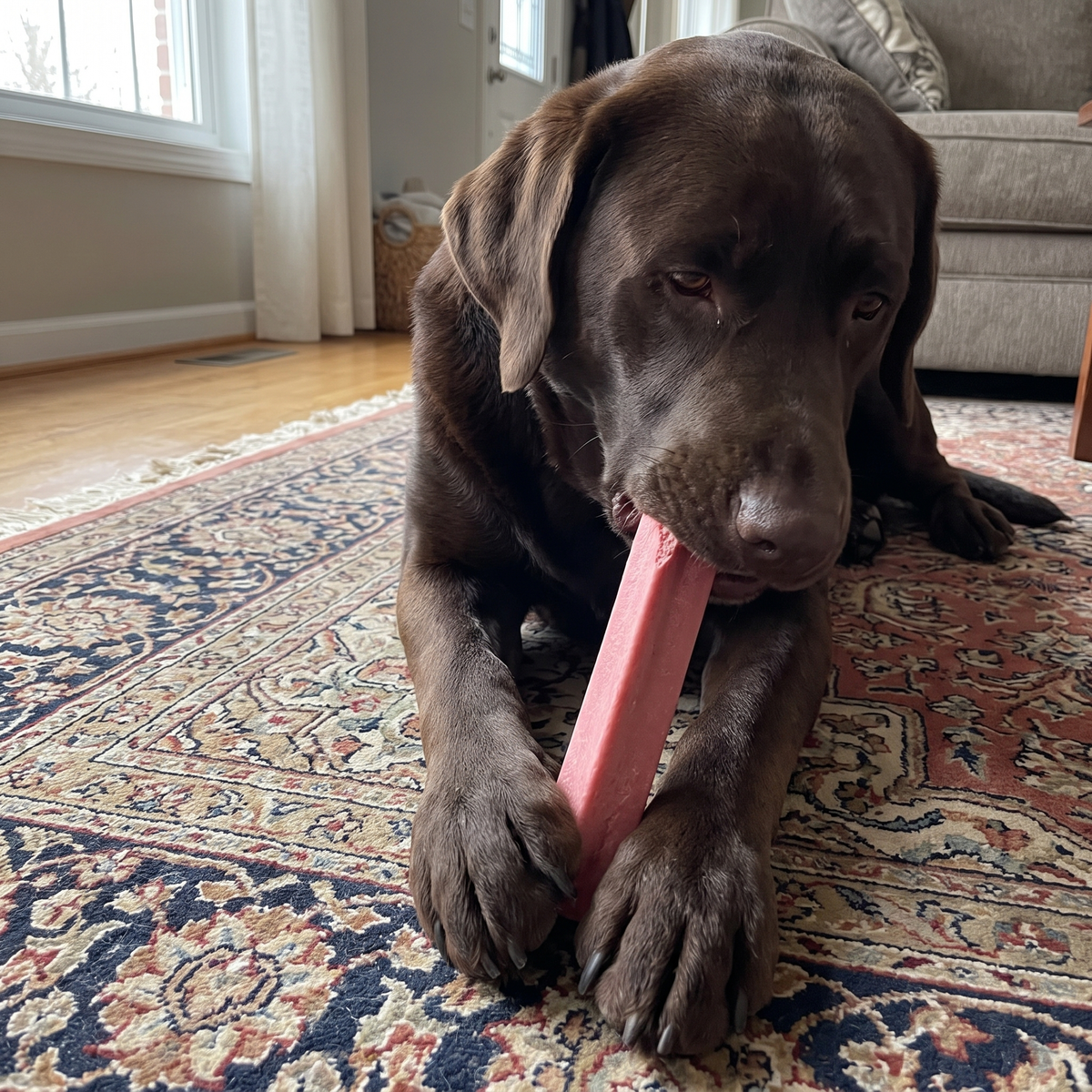 A big dog lying on the floor chewing a long Himalayan yak chew that is still nearly whole