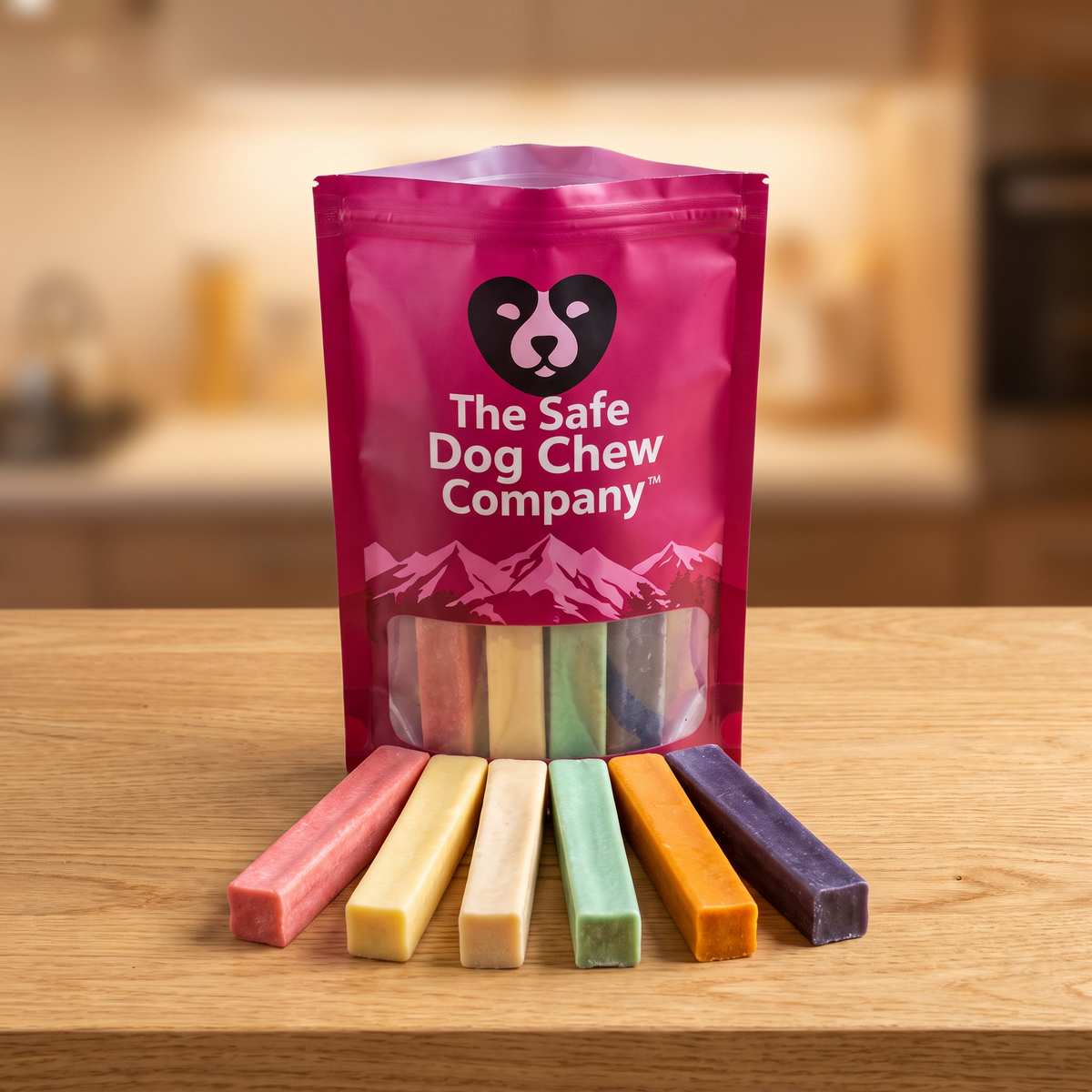 An open 6-flavor pack of Himalayan yak chews with six chews laid out side by side