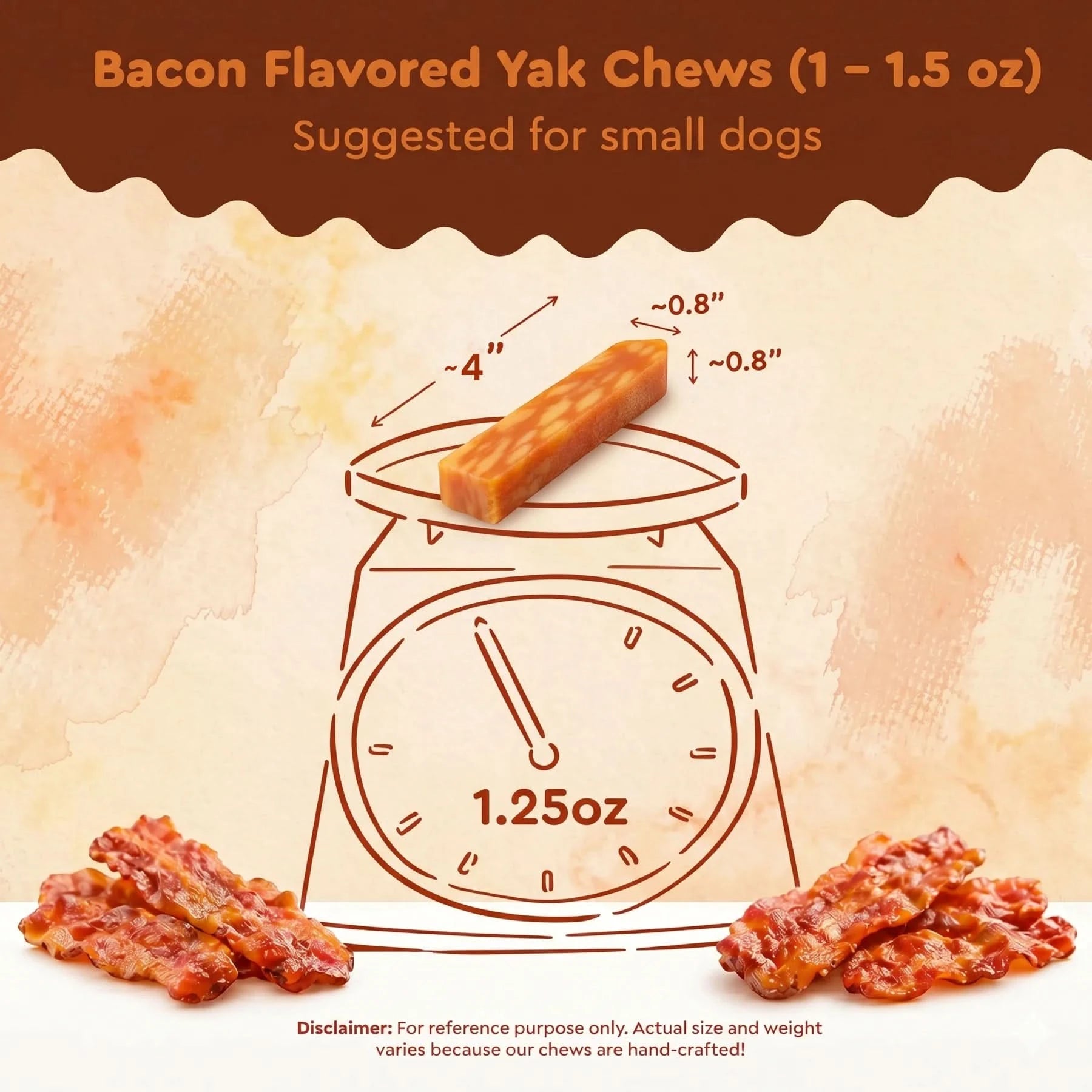 Bacon flavored yak chews with measurement details on a textured background