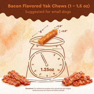 Bacon flavored yak chews with measurement details on a textured background